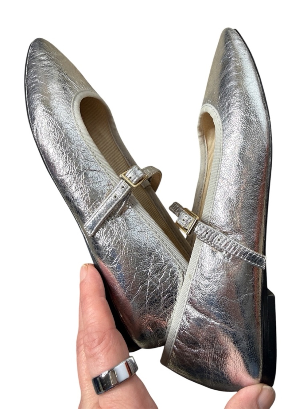 J. Crew Quinn Square-Toe Mary Jane Flats In Crinkled Metalic Leather Silver 7.5 - Picture 6 of 9